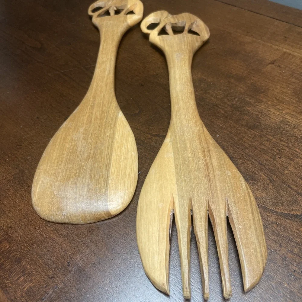 AFRICAN HAND CARVED KENYAN OLIVE WOOD ELEPHANT SALAD SERVERS 2PC SET 12